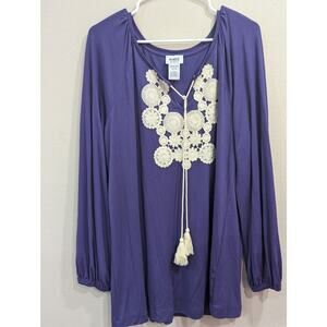 Billowy purple long sleeve blouse w/bishop sleeve and cream floral front detail